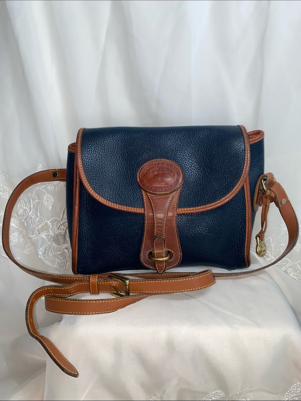 Vintage Dooney & Bourke Essex Navy Crossbody with Brown Leather Trim